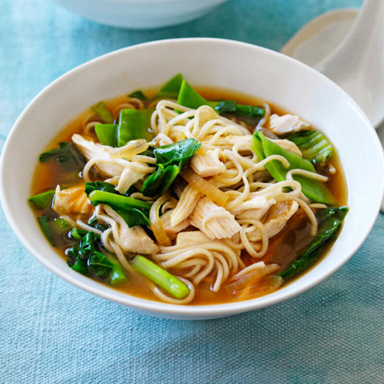 A bowl of healthy chicken and vegetable miso soup