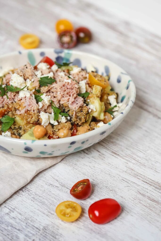 A bowl of a high protein tuna and quinoa salad