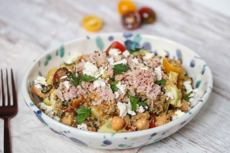 A bowl of protein rich tuna and quinoa salad